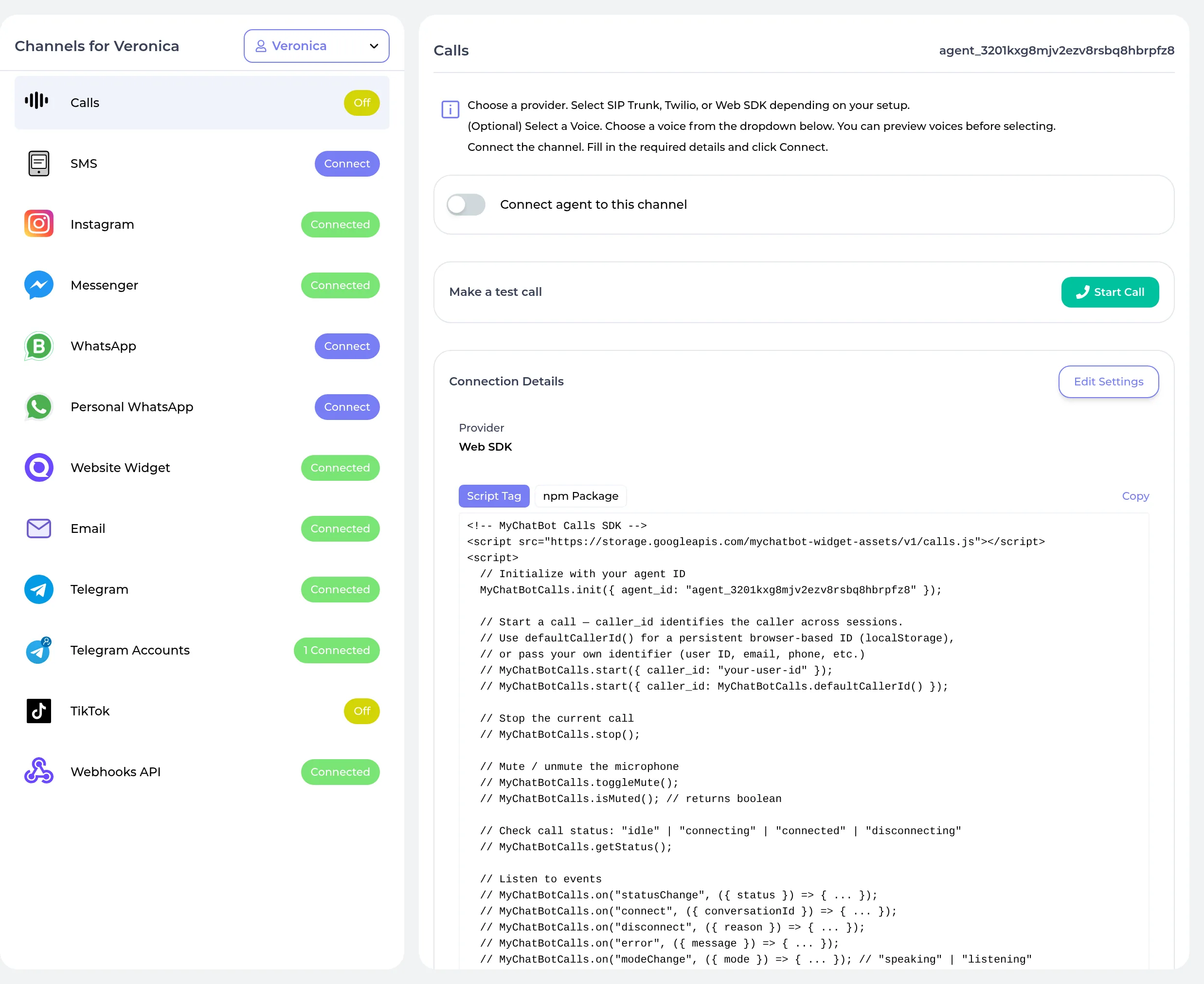 Канал дзвінків і тест голосового асистента в MyChatBot